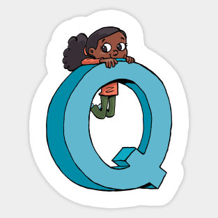 girl hanging on the capital letter Q Sticker
